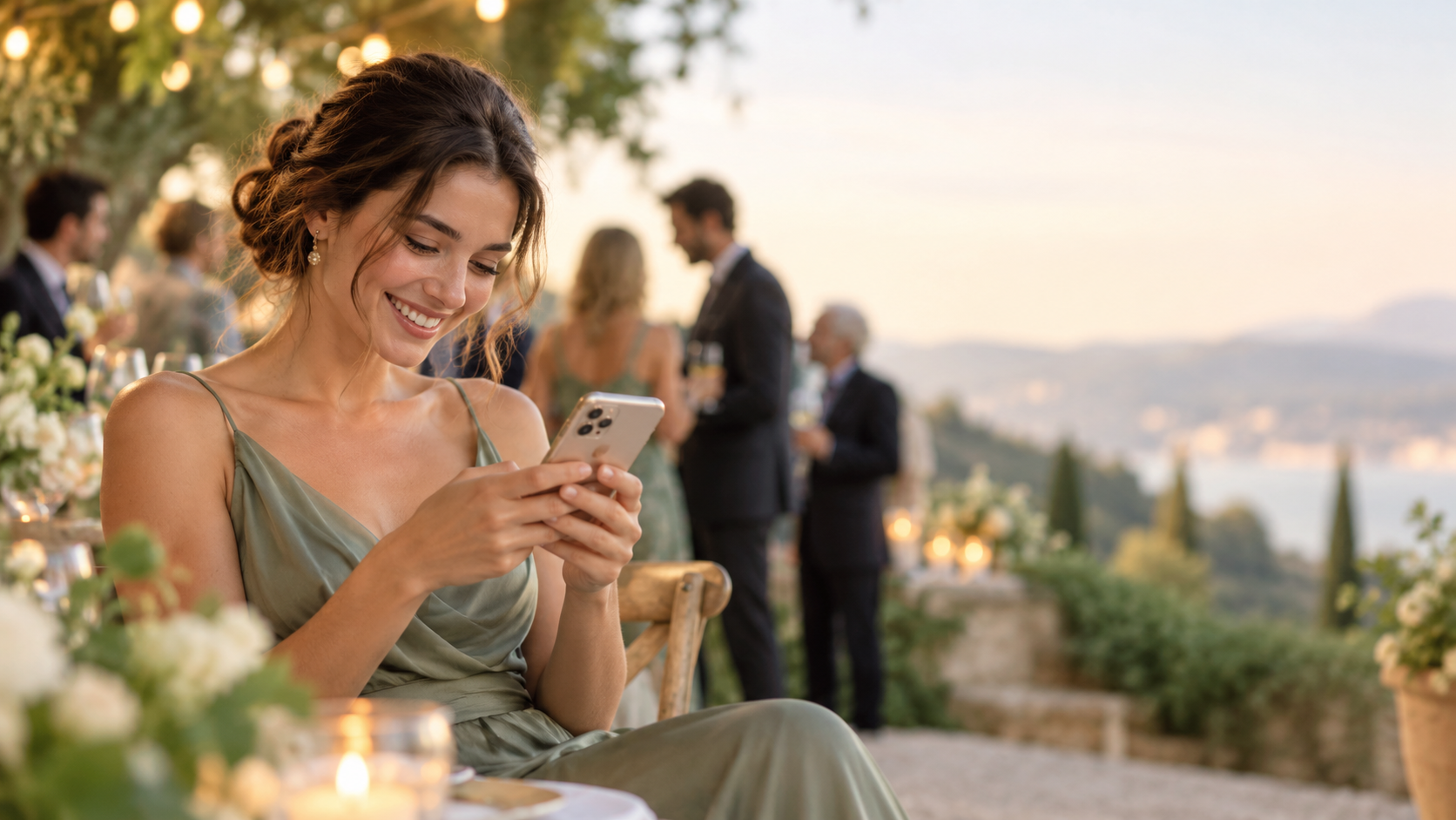 Guest using her phone at an outdoor celebration