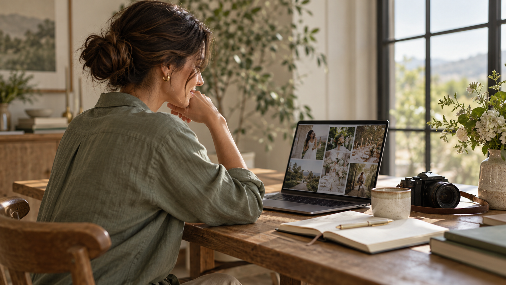 Event host carefully reviewing a photo gallery on a laptop