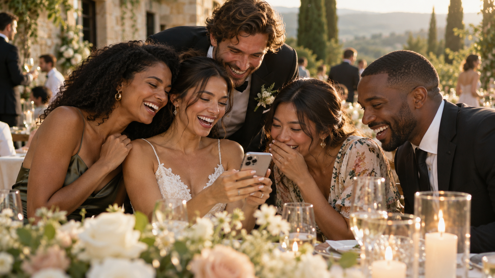 Wedding guests smiling as they look through photos together on a phone