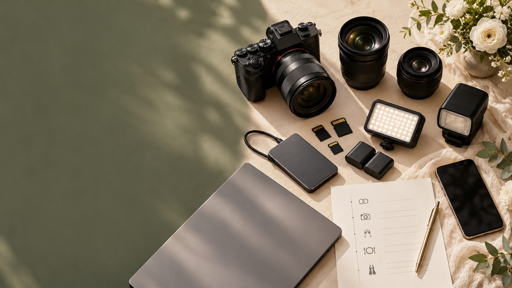 Wedding photography equipment arranged on a tabletop, including camera, lenses, light, cards and storage
