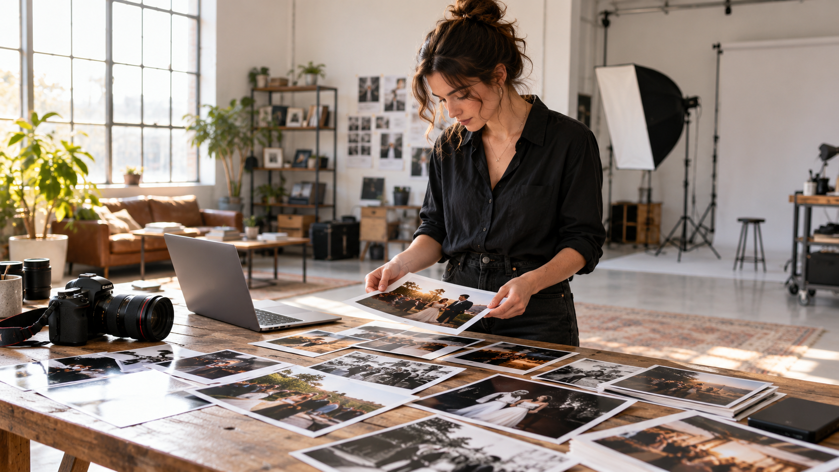 Photographer reviewing printed event photos in her studio